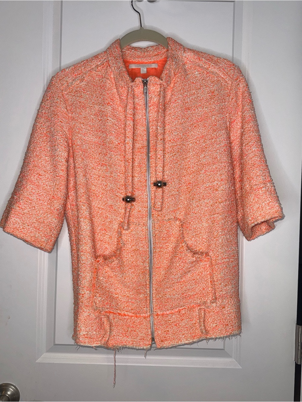 Jonathan Simkhai Tweed Boucle Jacket XS Orange Zip Drawstring